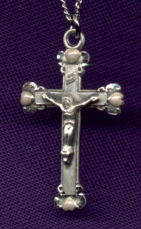 Heart Decor Crucifix in Sterling w/Pink Enamel