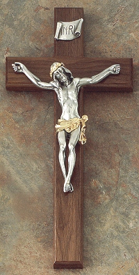 Walnut & 2-Tone Pewter Crucifix 12 In.