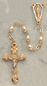 Engraved Pewter Glass Pearl Rosary