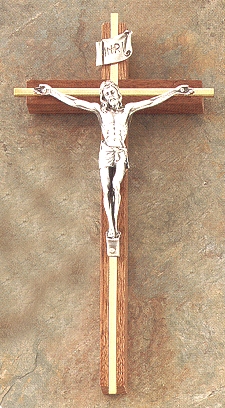 Walnut & Gold Crucifix w/ Antique Silver 10 In.