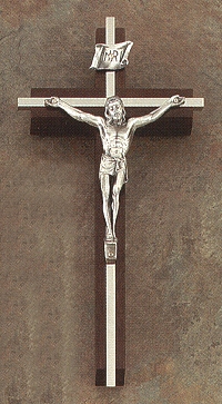 Walnut & Nickle Crucifix w/ Silver on Brass 8 In.