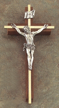 Walnut & Gold Crucifix w/ Antique Silver 8 In.