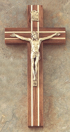 Walnut/Inlaid & Bronze Crucifix 10 In.