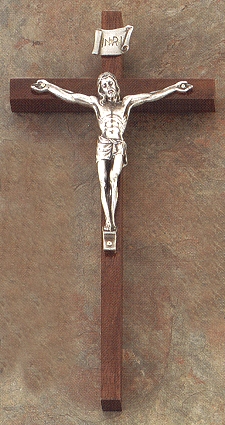 Narrow Walnut & Silver Crucifix 10 In.