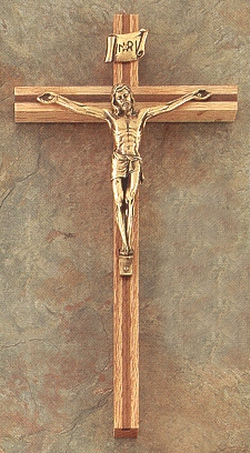 Oak With Walnut Inlay & Bronze Crucifix 10 In.