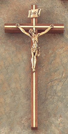 Walnut & Gold Plated Brass Crucifix 10 In.