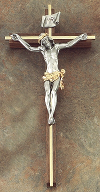 Walnut & Gold Crucifix w/ 2-Tone Corpus 12 In.