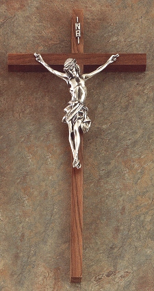 Narrow Walnut & Silver Crucifix 15 In.