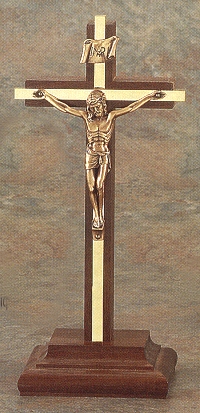 Standing Walnut & Bronze Inlayed Crucifix 9 In.