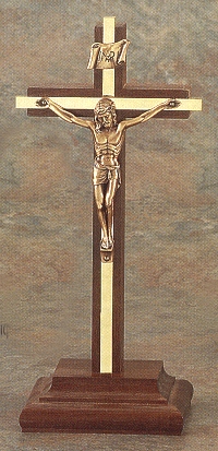 Standing Walnut & Bronze Inlayed Crucifix 9 In.