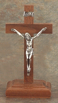 Standing Walnut & Silver Crucifix 6 In.