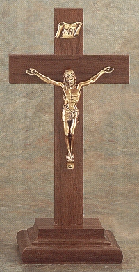 Standing Walnut & Bronze Crucifix 9 In.