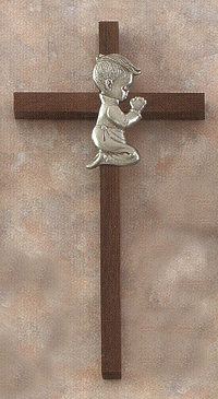 Praying Boy Cross in Walnut & Pewter 7In.