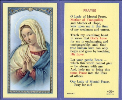 Laminated Holy Card Our Lady of Mental Peace Prayer 