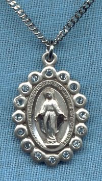 Miraculous Medal- Sterling w/Aqua Crystal Border