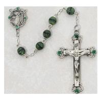 Irish Rosary, Green & Black Beads, Enameled Sterling Crucifix and Center, # 20078