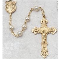 6mm Glass Pearl Rosary, Gold Plated Crucifix and Center, # 20191