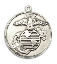 Click image for larger or smaller. Marine Corps Medal, Sterling Silver, 15/16" dia, Your Choice of Chain, # 2676