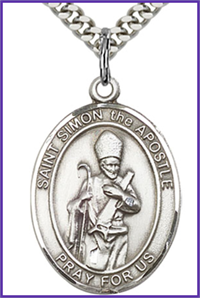 Click image for larger or smaller. Sterling Silver Medal, 1"x3/4", St. Simon the Apostle, Your Choice of Chain, # 54494