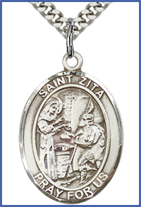 Click image for larger or smaller. Sterling Silver Medal, 1"x3/4", St. Zita, Your Choice of Chain, # 54589