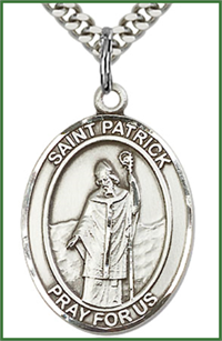Click image for larger or smaller. 1"x3/4" Sterling Silver St. Patrick Medal, Your Choice of Chain, # 63264