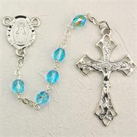 6mm Aqua Glass Rosary, Rhodium Pewter Crucifix and Center, # 92154