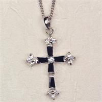 Black Onyx Baguette Crystal Stone Cross on 18" Chain, 1-1/4", Boxed, 97677