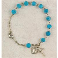 6mm Genuine Turquoise Rosary Bracelet, Rhodium Plated Medals, # 2714