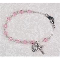 5mm Tin Cut Pink Crystal Glass Rosary Bracelet, Rhodium Plated Medals, # 98297