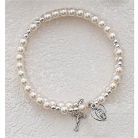 5mm Glass Pearl Wrap Youth Rosary Bracelet, Sterling Silver Medals, # 98300