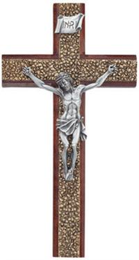 8" Walnut Crucifix, Pewter Figure on Gold Lacquerd Pewter Inlay, # 99685