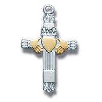 Gold & Sterling Claddaugh cross, 7/8", 18" chain.