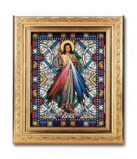 Divine Mercy Framed Textured Italian Art Glass in 8" x 10" Finely Detailed Gold Frame, # 1435