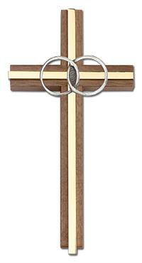 6" Wedding Cross, Walnut w/ Silver-Tone Rings & Polished Brass Inlay, # 1599