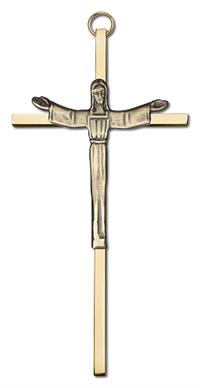 6" Risen Christ Cross, Gold-Tone Figure on Polished Brass Cross, # 1756