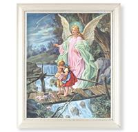Guardian Angel with Children on Bridge Picture, Pearlized White 9-1/2"x11-1/2 Frame, Beaded Lip, Under Glass # 28098