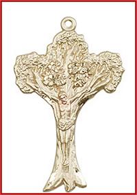 Click image for larger or smaller. 1-5/8" Tree of Life Crucifix, Solid 18kt Gold, Free Chain, # 45541